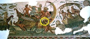 Gouvernail d'une galère antique   -   Dionysos et les pirates, mosaïque du site de Dougga.